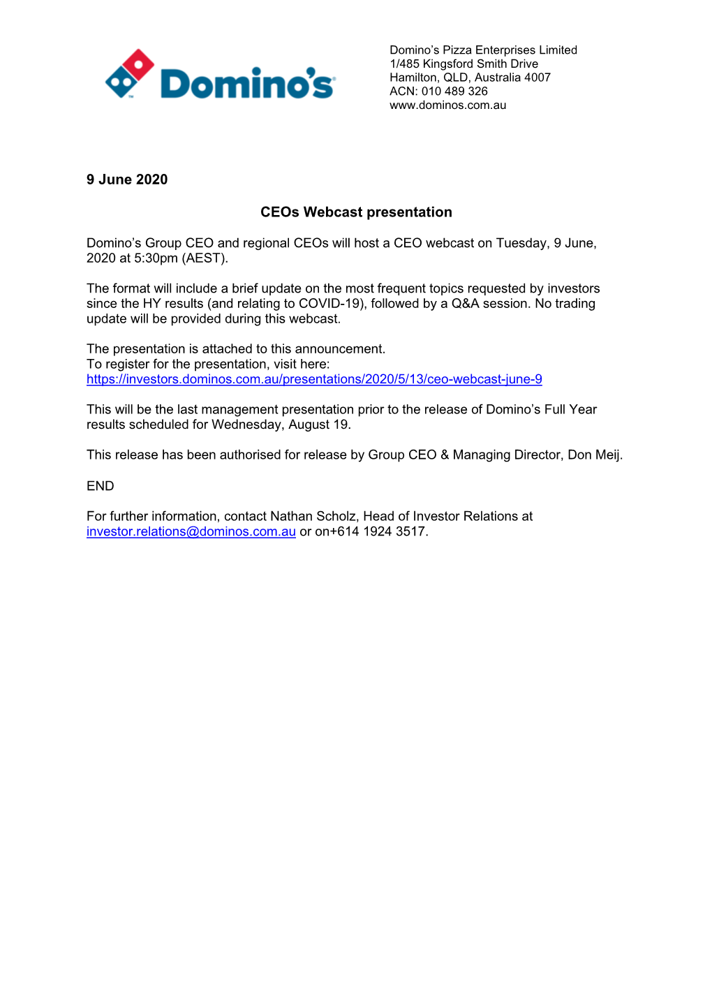 9 June 2020 Ceos Webcast Presentation
