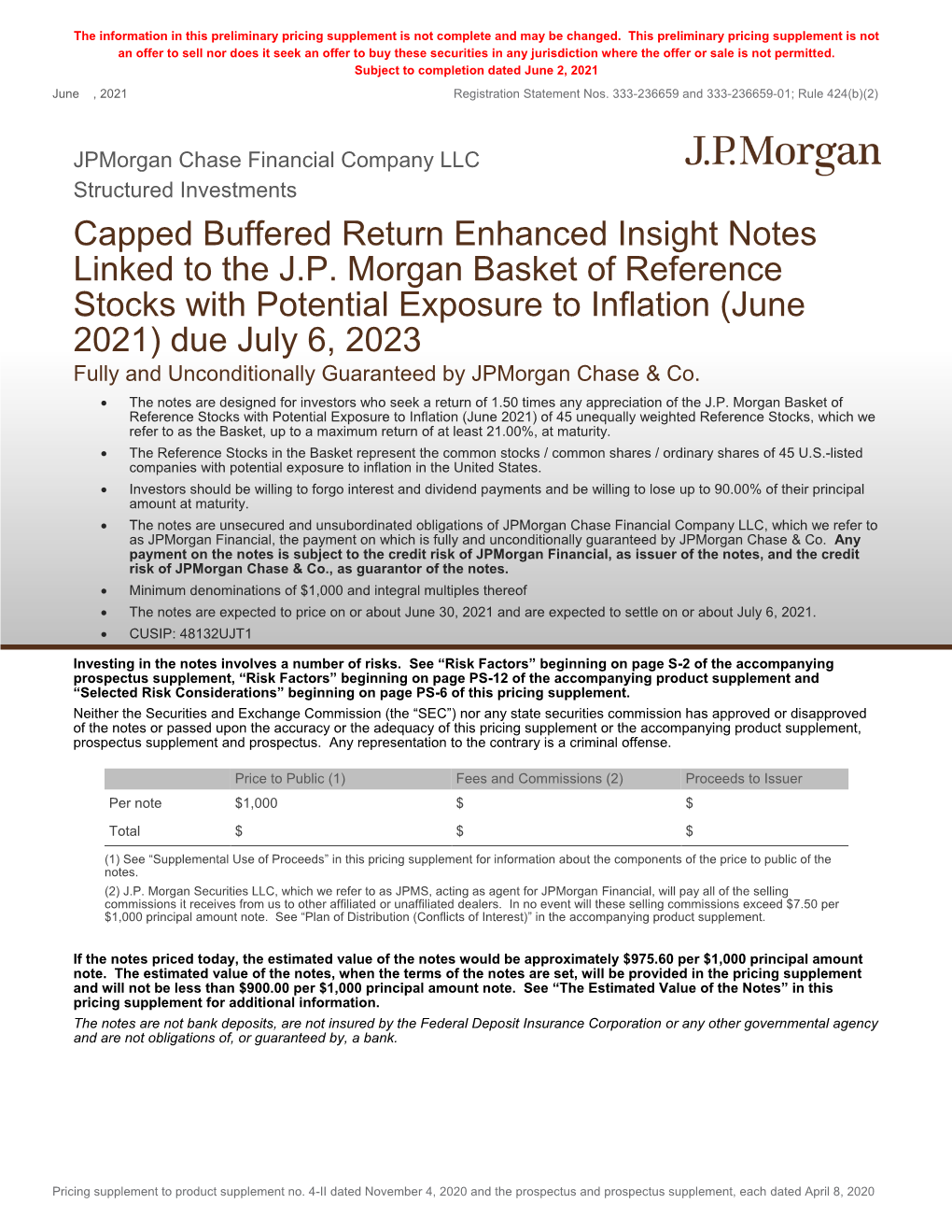 Capped Buffered Return Enhanced Insight Notes Linked to the J.P