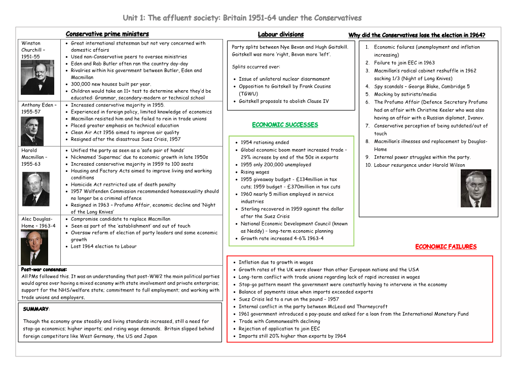 Unit 1: the Affluent Society: Britain 1951-64 Under the Conservatives