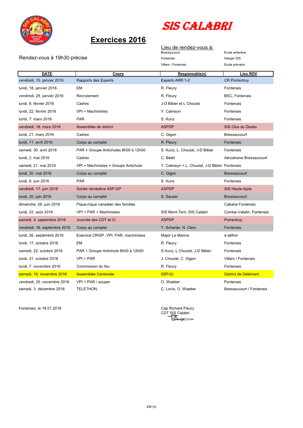 SIS CALABRI Exercices 2016 Lieu De Rendez-Vous À: Bressaucourt Ecole Enfantine Rendez-Vous À 19H30 Précise Fontenais Hangar SIS Villars / Fontenais Ecole Primaire