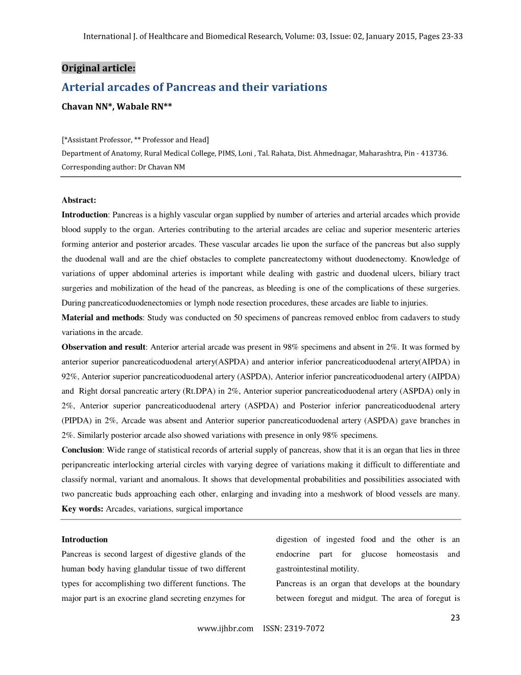 Arterial Arcades of Pancreas and Their Variations Chavan NN*, Wabale RN**