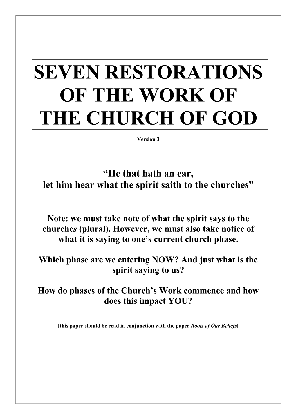 Seven Restorations of the Work of the Church of God