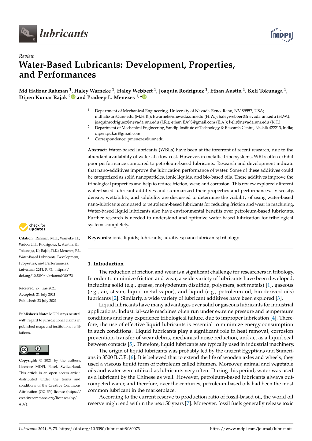 Water-Based Lubricants: Development, Properties, and Performances