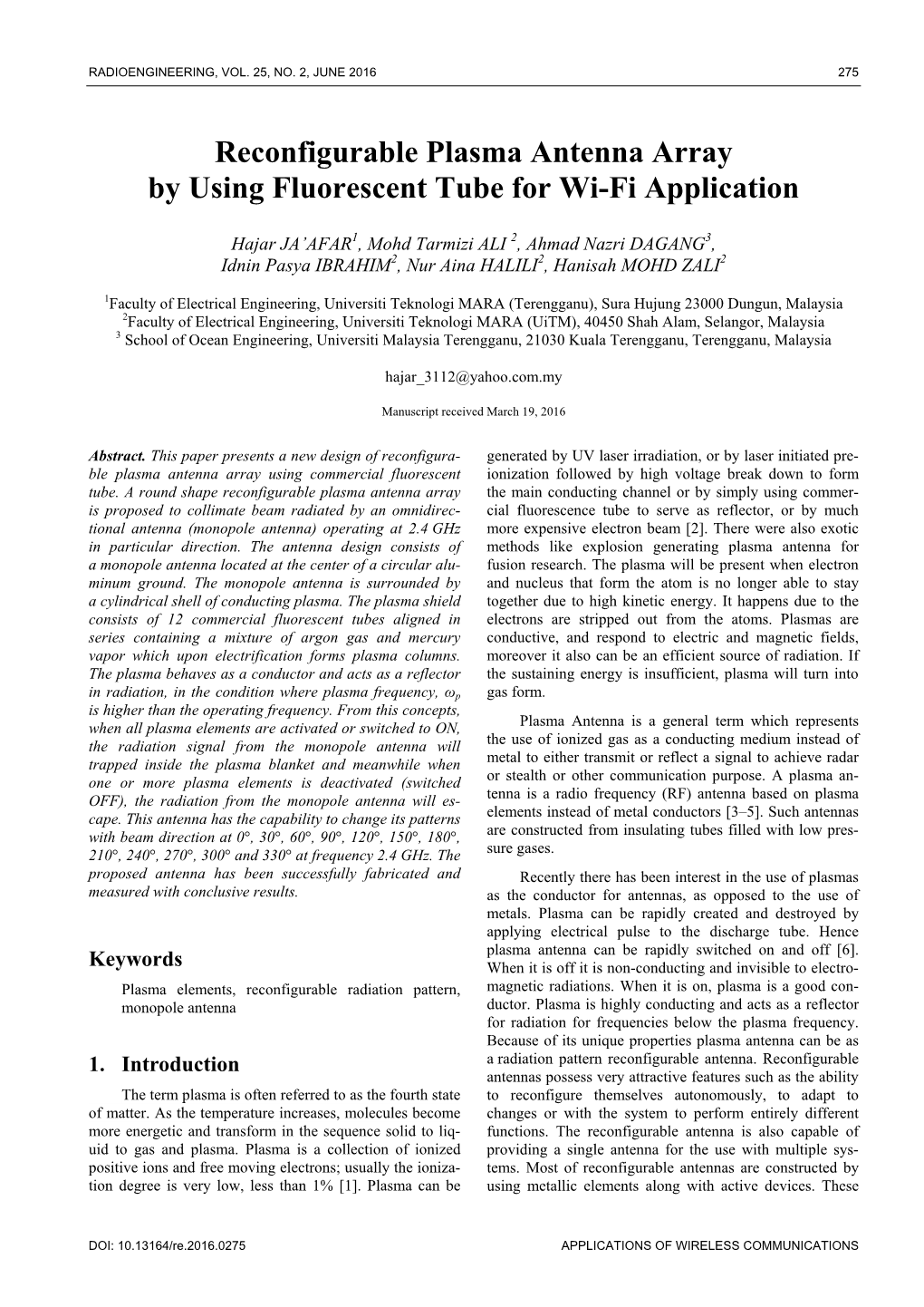 Reconfigurable Plasma Antenna Array by Using Fluorescent Tube for Wi-Fi Application