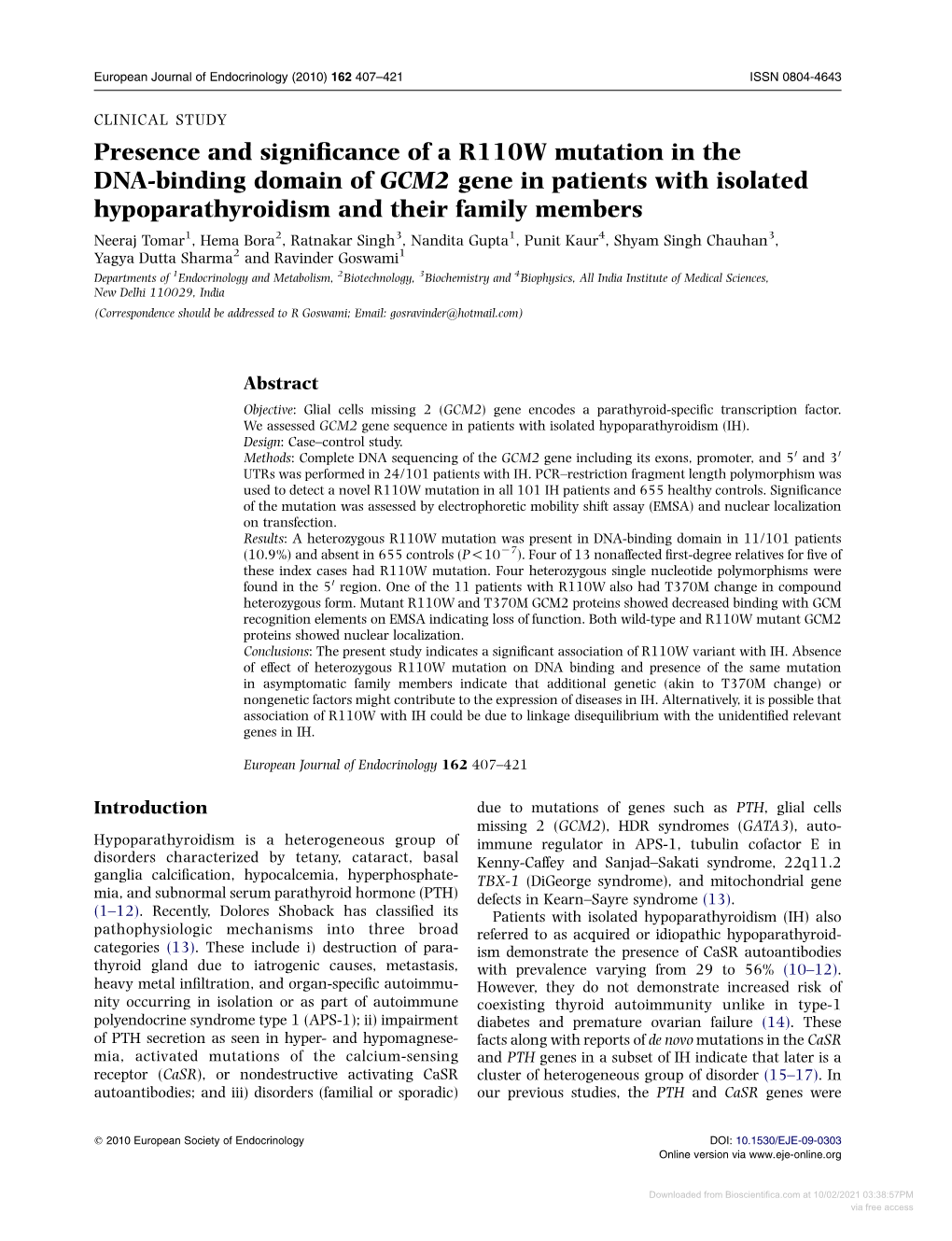 Presence and Significance of a R110W Mutation in the DNA