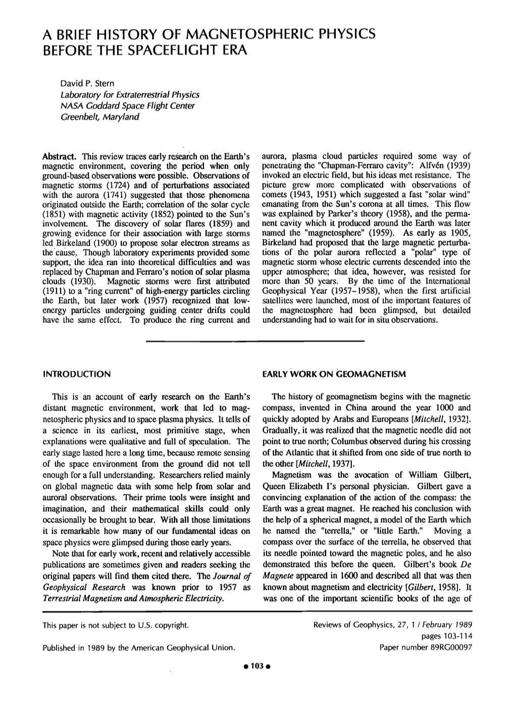 A Brief History of Magnetospheric Physics Before the Spaceflight Era