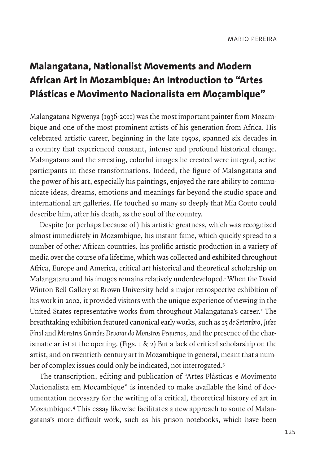 Malangatana, Nationalist Movements and Modern African Art in Mozambique: an Introduction to “Artes Plásticas E Movimento Nacionalista Em Moçambique”