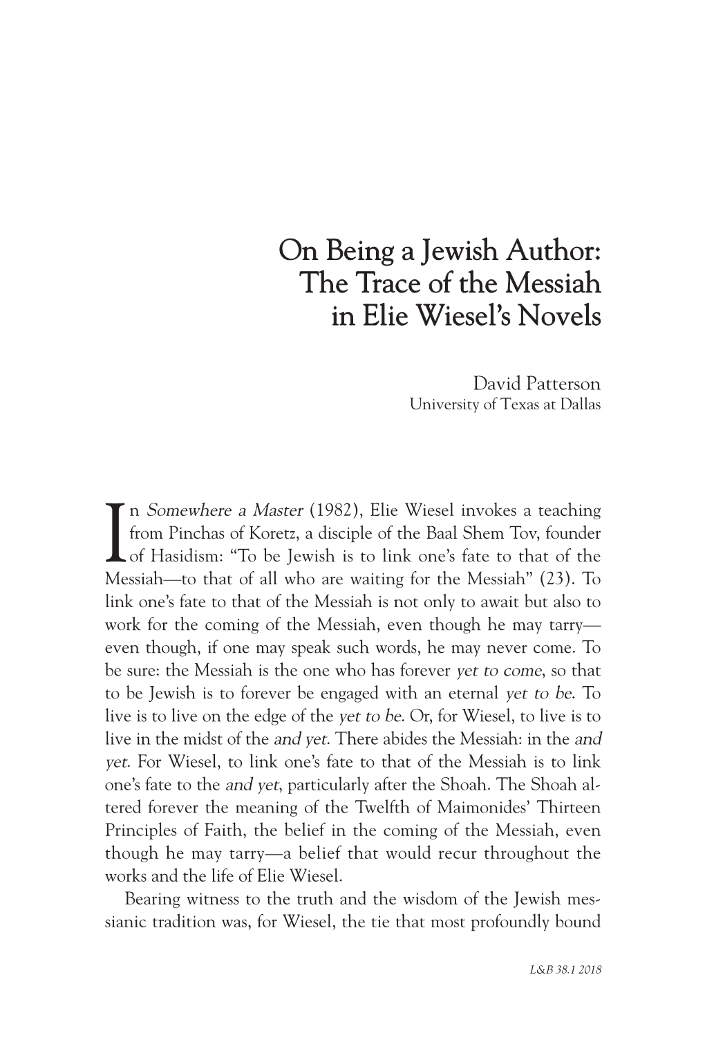 On Being a Jewish Author: the Trace of the Messiah in Elie Wiesel's Novels