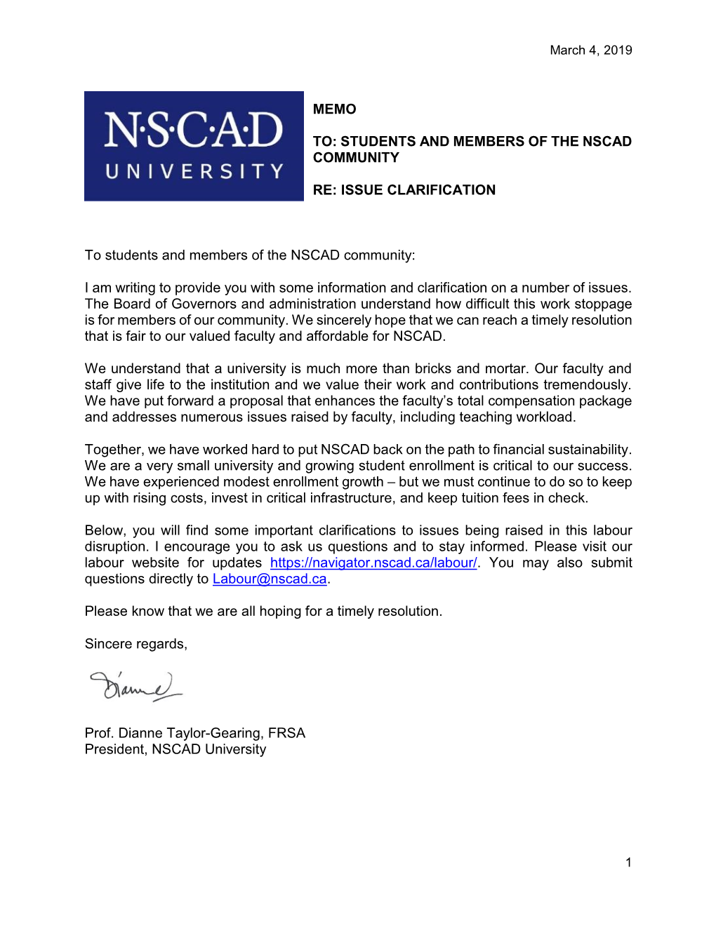 Memo to NSCAD Community and Students