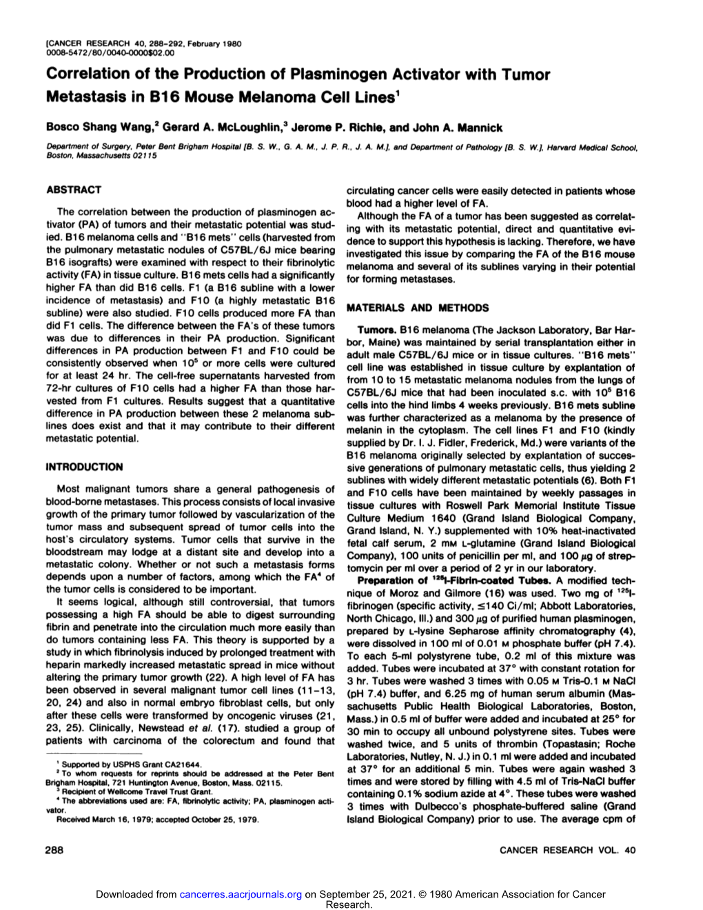 Correlation of the Production of Plasminogen Activator with Tumor Metastasis in Bi 6 Mouse Melanoma Cell Lines