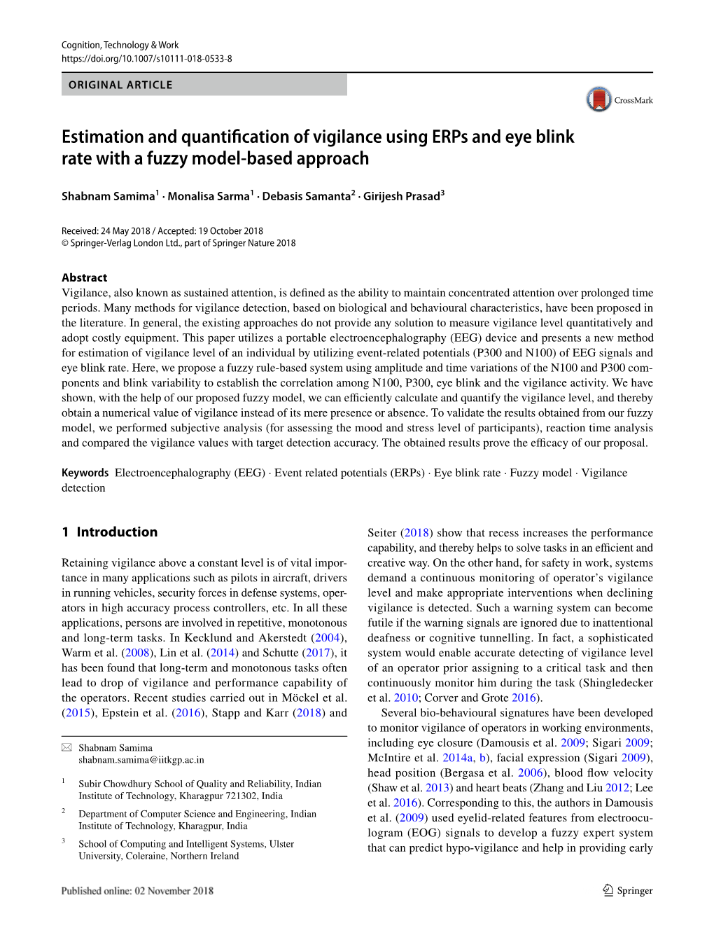 Estimation and Quantification of Vigilance Using Erps and Eye Blink Rate with a Fuzzy Model‑Based Approach