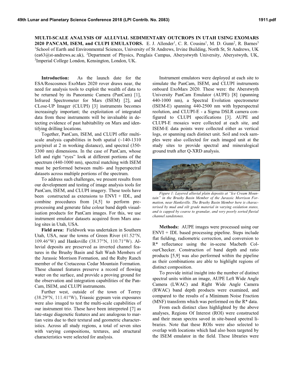 MULTI-SCALE ANALYSIS of ALLUVIAL SEDIMENTARY OUTCROPS in UTAH USING EXOMARS 2020 PANCAM, ISEM, and CLUPI EMULATORS