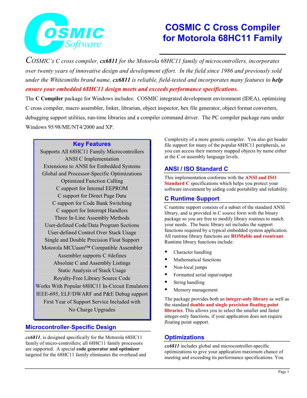 COSMIC C Cross Compiler for Motorola 68HC11 Family