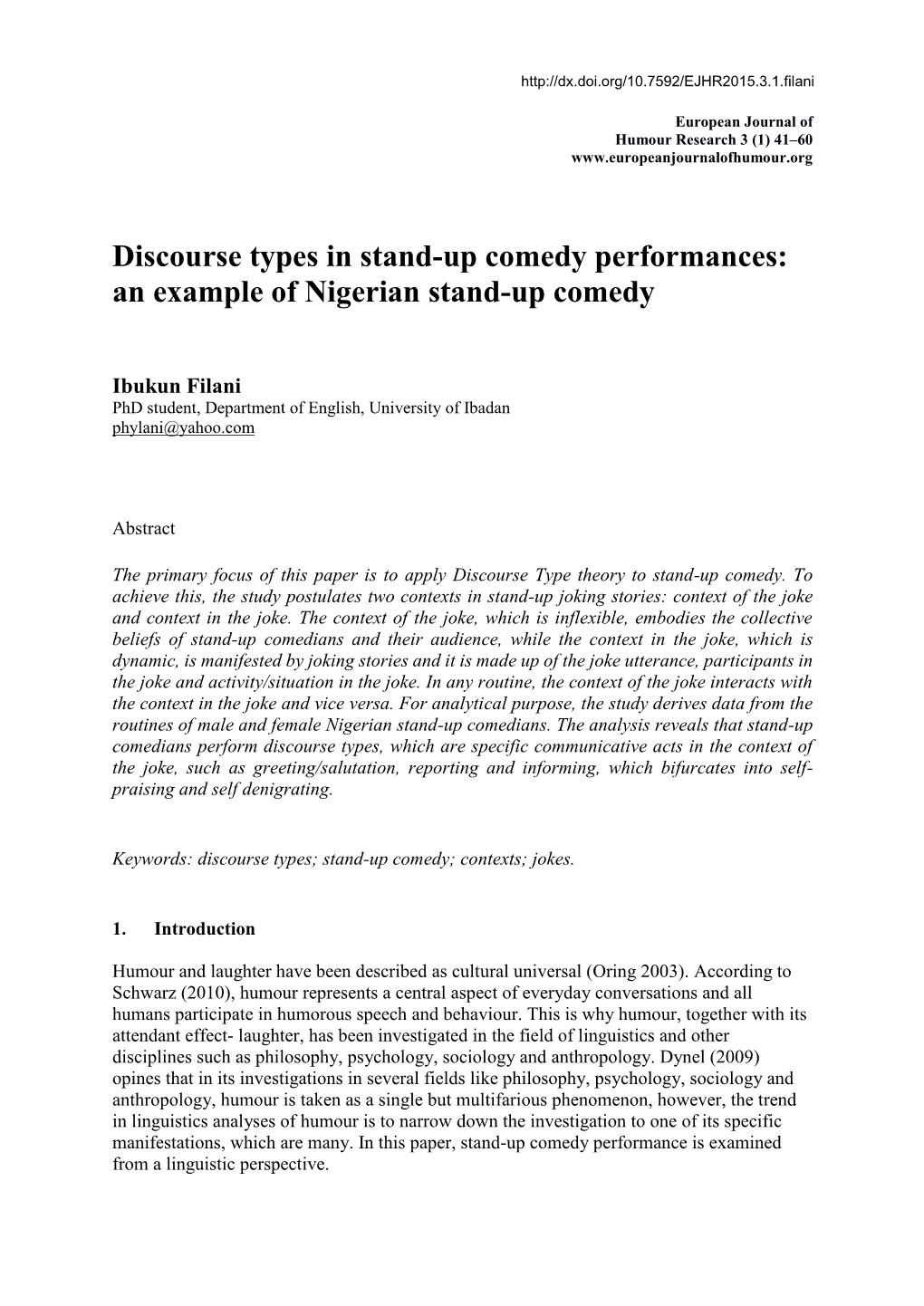 Discourse Types in Stand-Up Comedy Performances: an Example of Nigerian Stand-Up Comedy