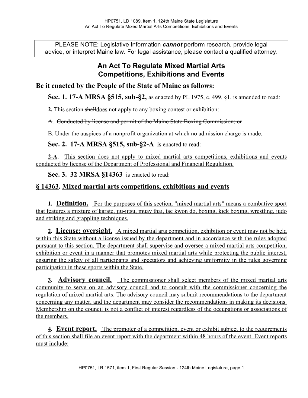 An Act to Regulate Mixed Martial Arts Competitions, Exhibitions and Events