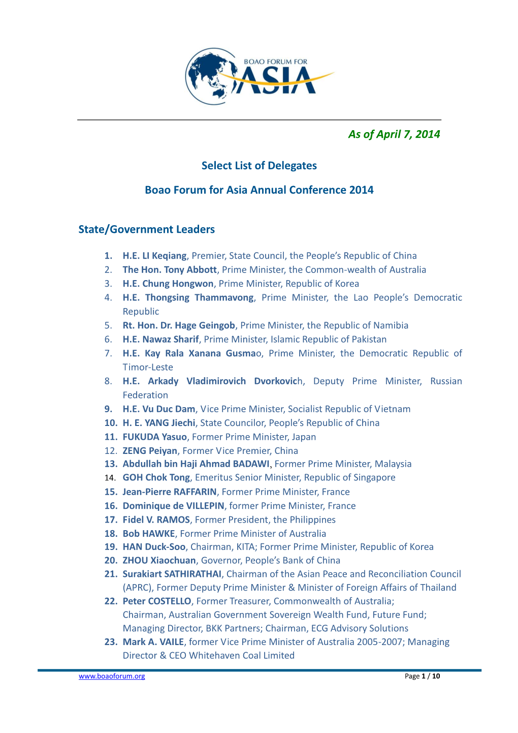 As of April 7, 2014 Select List of Delegates Boao Forum for Asia