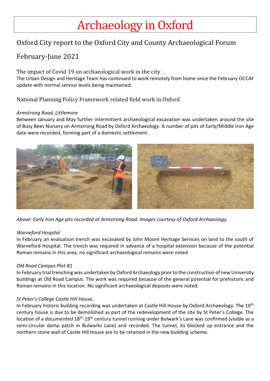 Archaeology in Oxford Oxford City Report to the Oxford City and County Archaeological Forum February-June 2021
