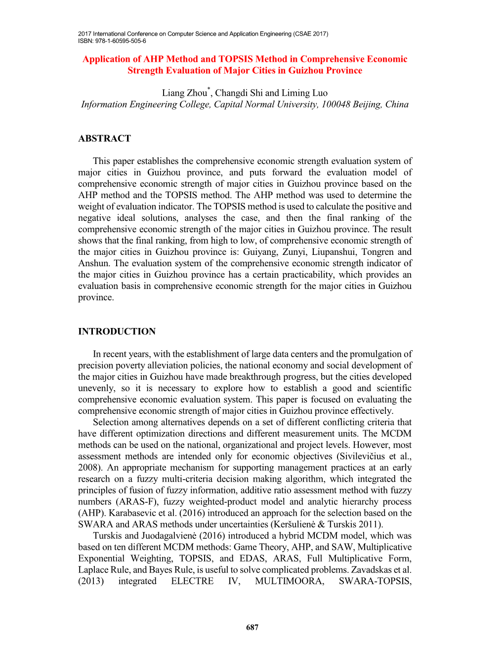 Application of AHP Method and TOPSIS Method in Comprehensive Economic Strength Evaluation of Major Cities in Guizhou Province