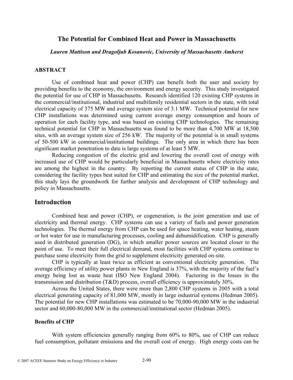 The Potential for Combined Heat and Power in Massachusetts