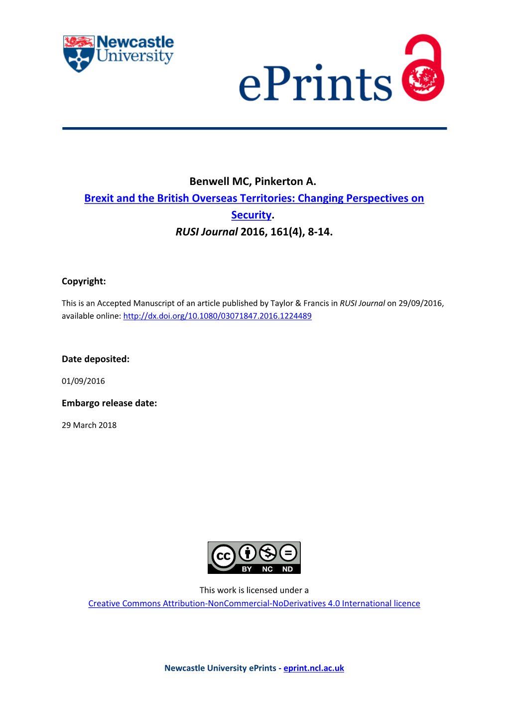 Benwell MC, Pinkerton A. Brexit and the British Overseas Territories: Changing Perspectives on Security