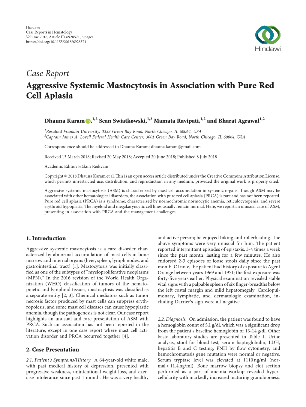 Case Report Aggressive Systemic Mastocytosis in Association with Pure Red Cell Aplasia