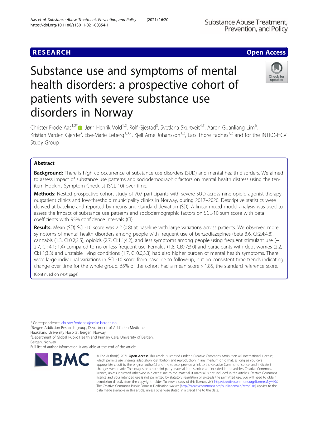 Substance Use and Symptoms of Mental Health Disorders: A