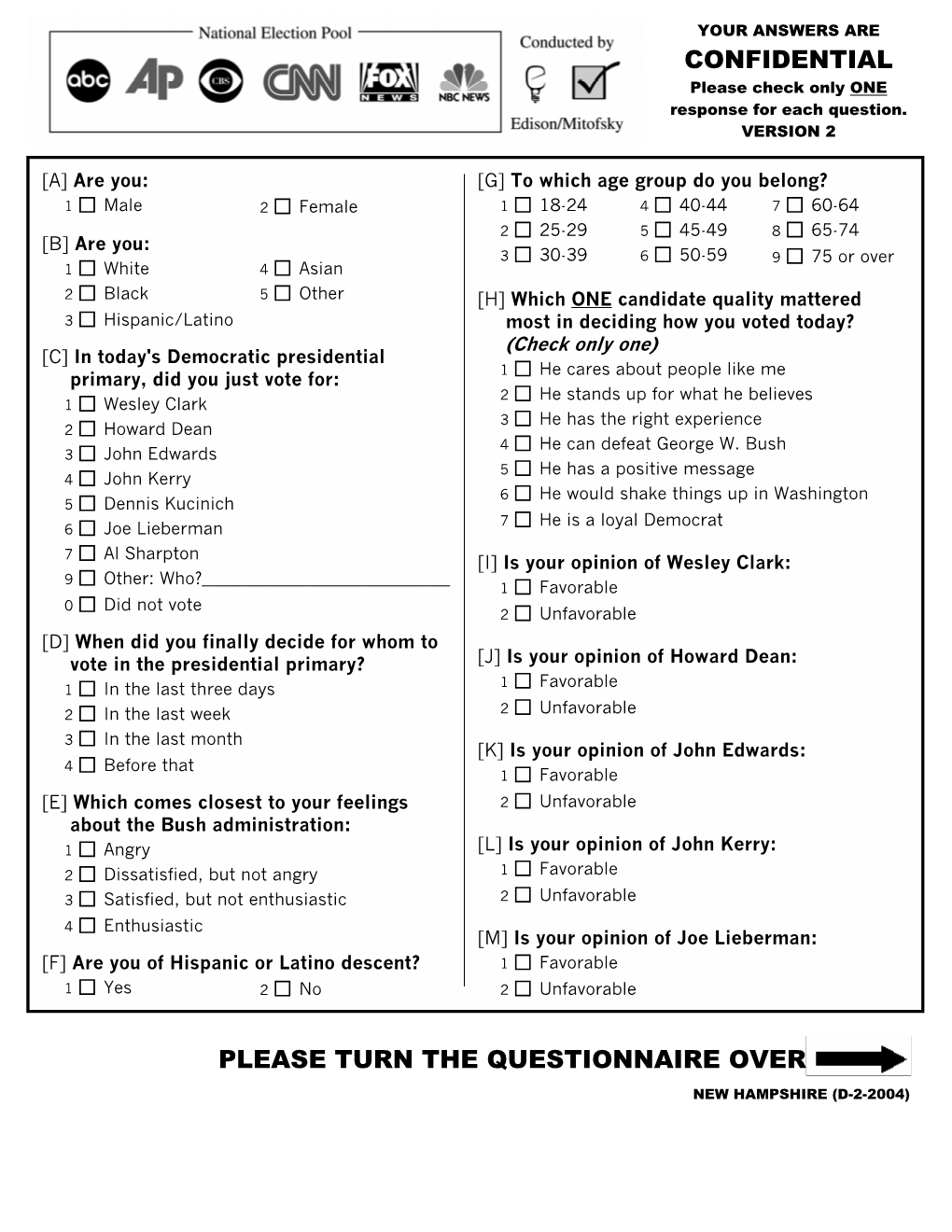 Questionnaire for Voters on Presidential Primary