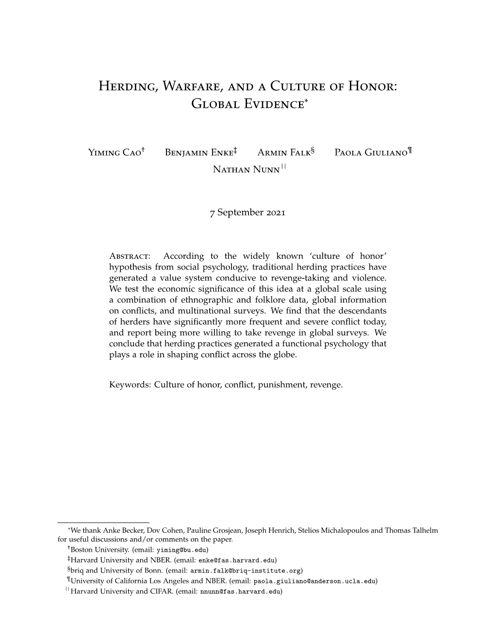 Herding, Warfare, and a Culture of Honor: Global Evidence