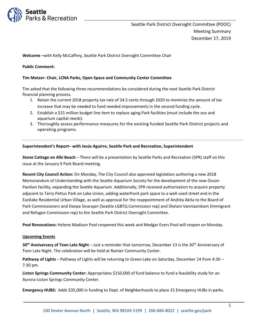 Seattle Park District Oversight Committee (PDOC) Meeting Summary December 17, 2019