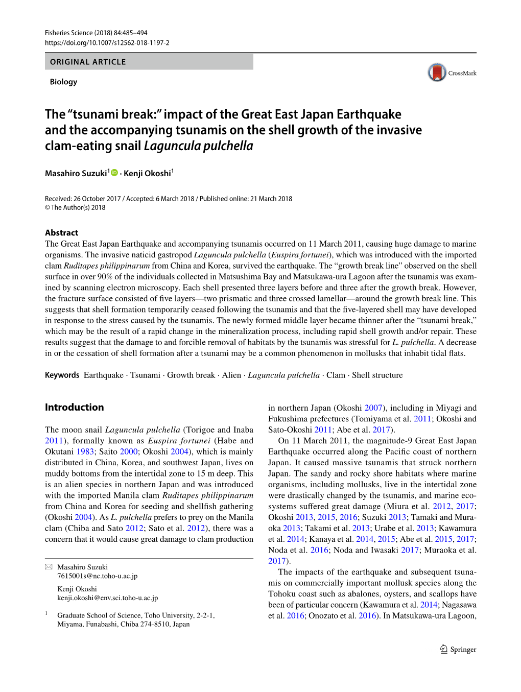 The “Tsunami Break:” Impact of the Great East Japan Earthquake and the Accompanying Tsunamis on the Shell Growth of the Invasive Clam‑Eating Snail Laguncula Pulchella