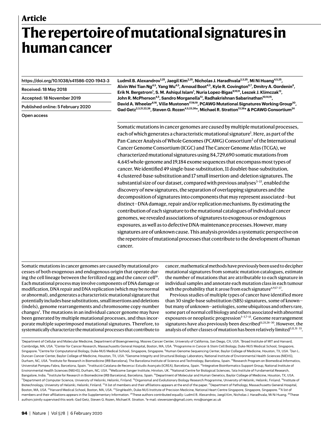 The Repertoire of Mutational Signatures in Human Cancer