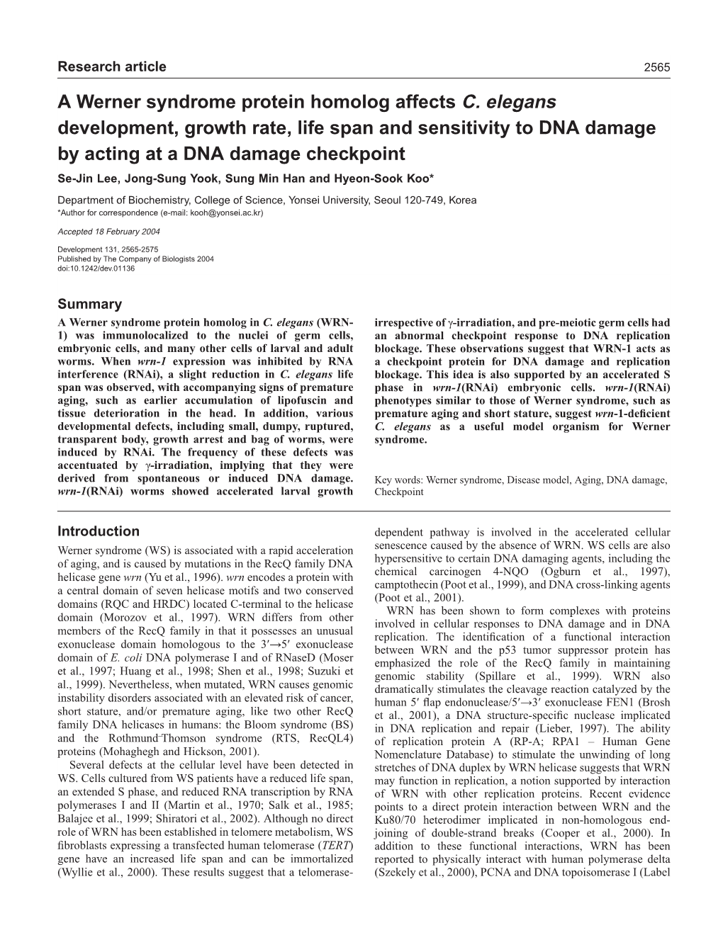 A Werner Syndrome Protein Homolog Affects C. Elegans Development