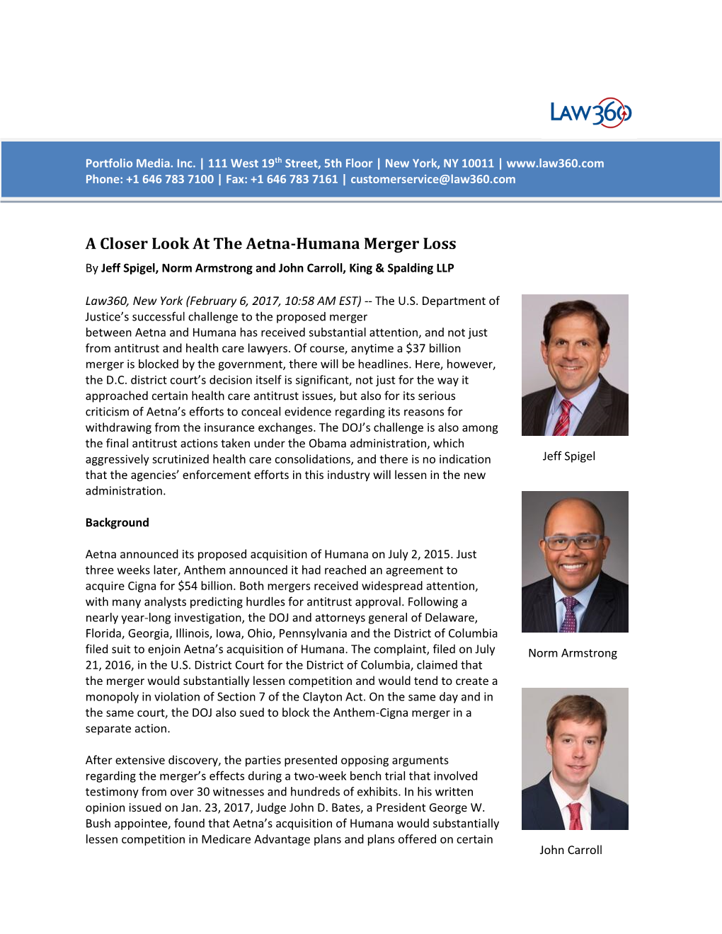 A Closer Look at the Aetna-Humana Merger Loss by Jeff Spigel, Norm Armstrong and John Carroll, King & Spalding LLP