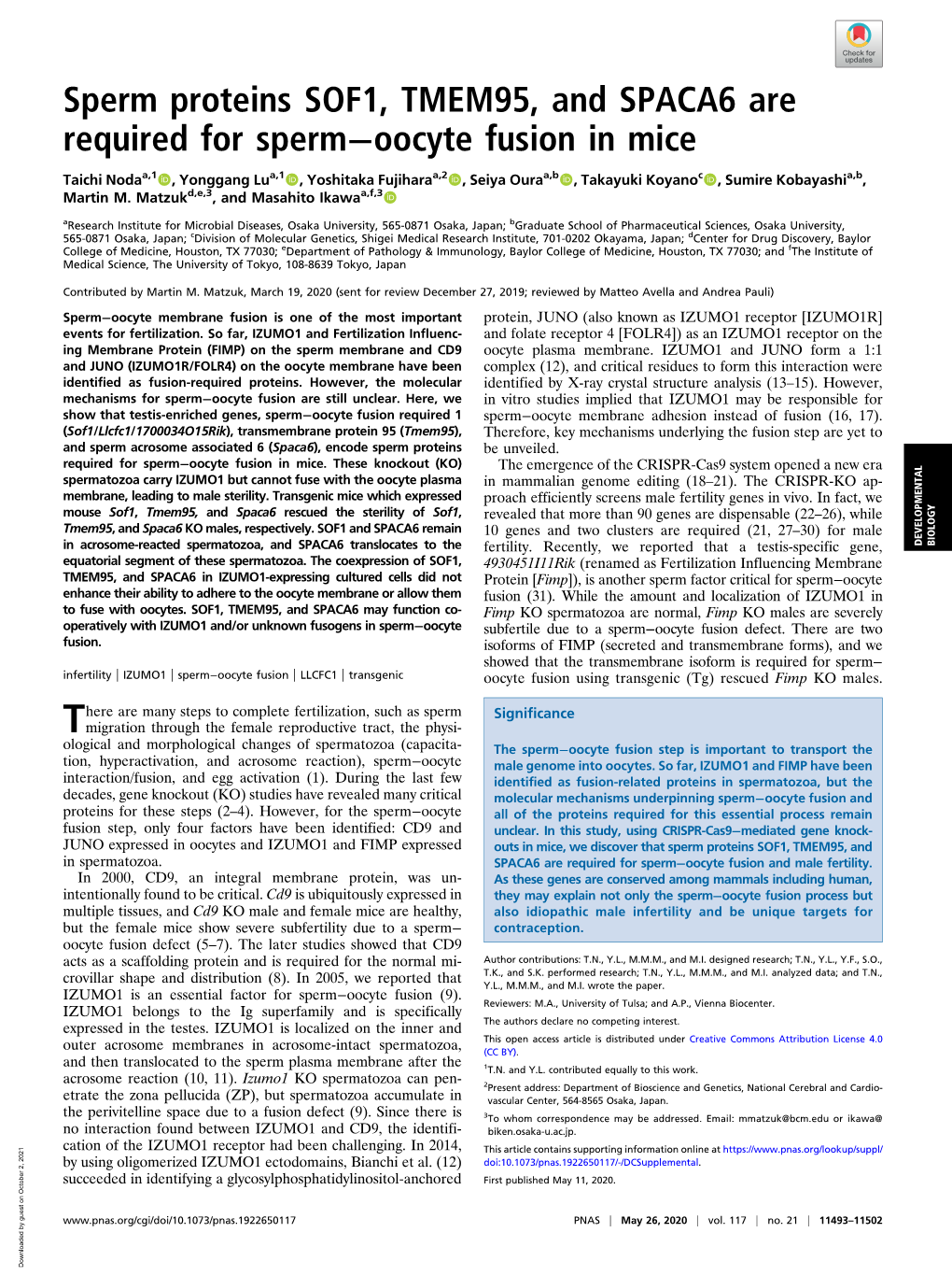 Sperm Proteins SOF1, TMEM95, and SPACA6 Are Required for Sperm−Oocyte Fusion in Mice