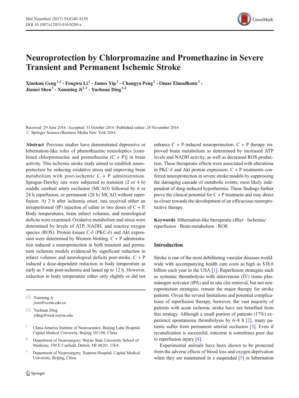 Neuroprotection by Chlorpromazine and Promethazine in Severe Transient and Permanent Ischemic Stroke