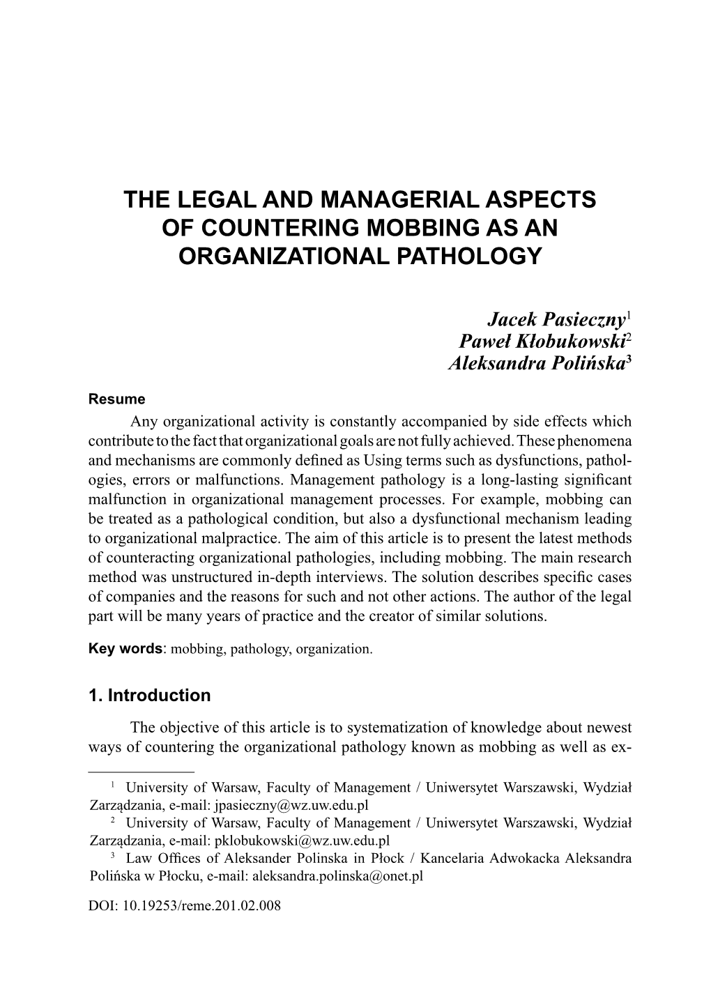 The Legal and Managerial Aspects of Countering Mobbing As an Organizational Pathology