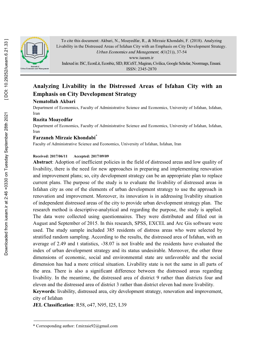 Analyzing Livability in the Distressed Areas of Isfahan City with an Emphasis on City Development Strategy