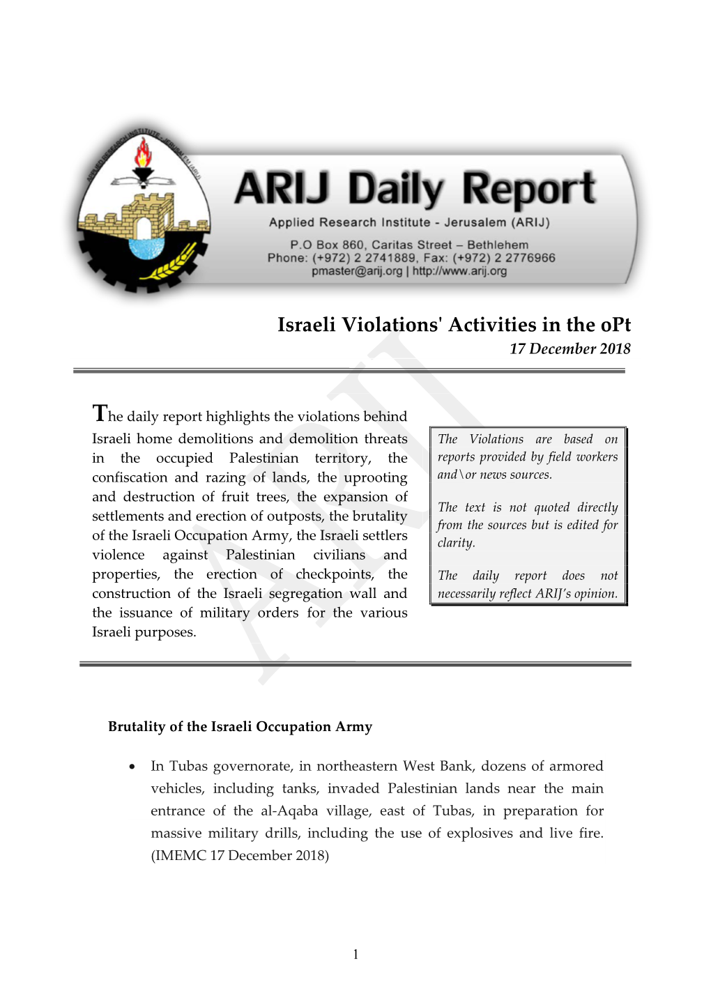 Israeli Violations' Activities in the Opt 17 December 2018