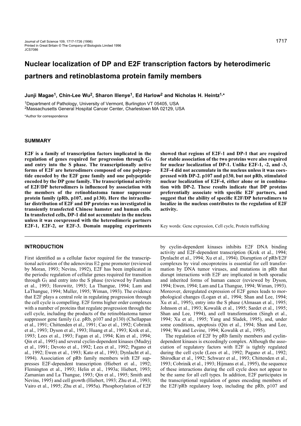 Nuclear Localization of DP and E2F Transcription Factors by Heterodimeric Partners and Retinoblastoma Protein Family Members