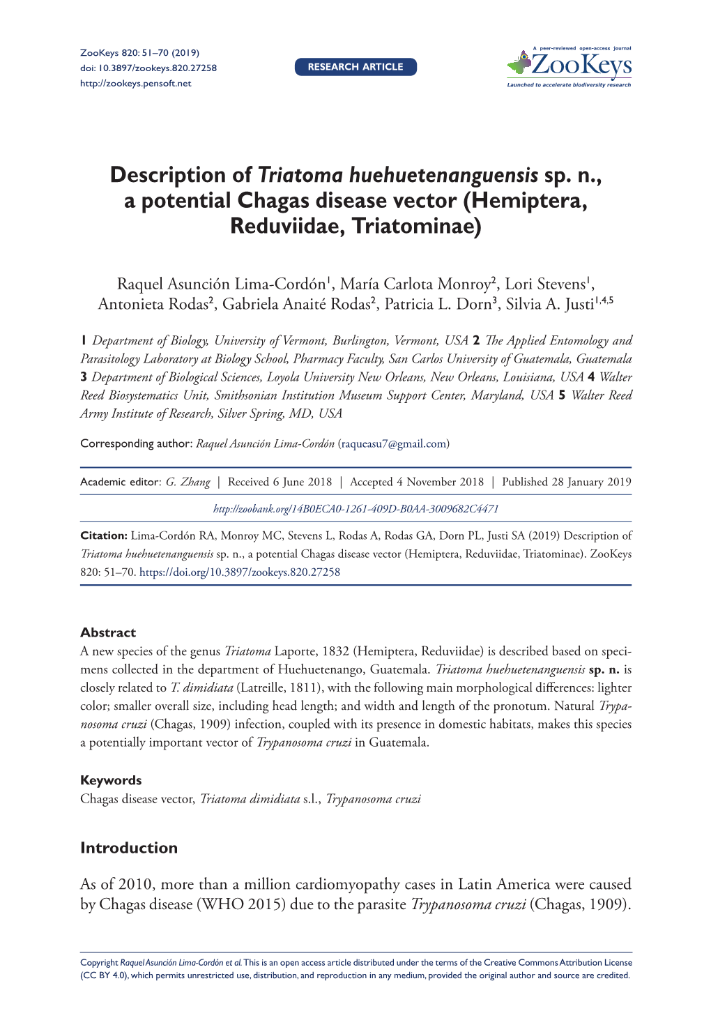 Description of Triatoma Huehuetenanguensis Sp. N., a Potential Chagas Disease Vector (Hemiptera, Reduviidae, Triatominae)