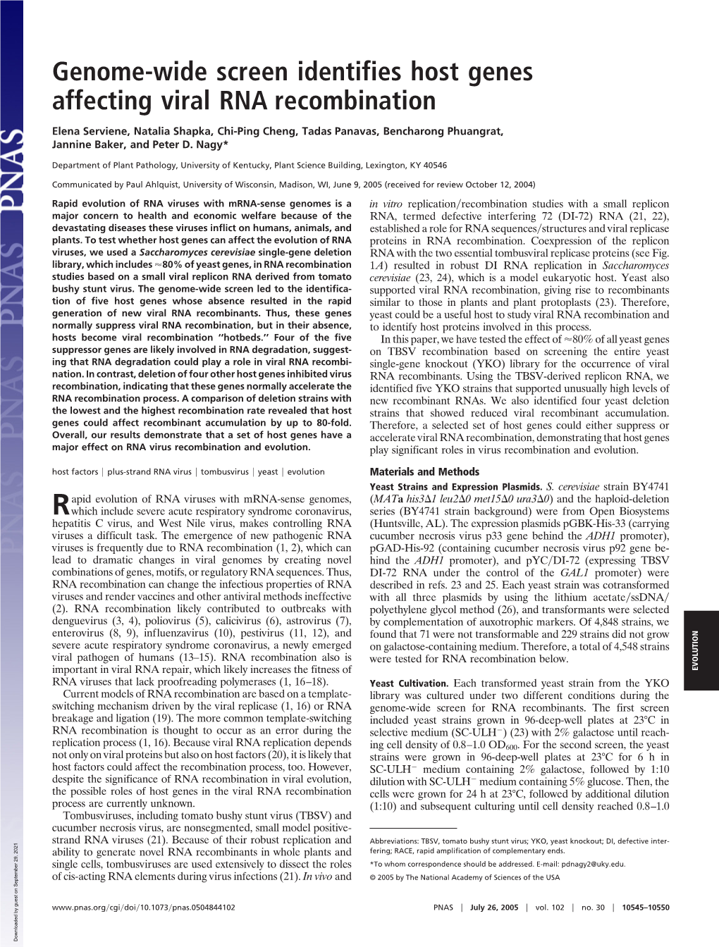 Genome-Wide Screen Identifies Host Genes Affecting Viral RNA Recombination