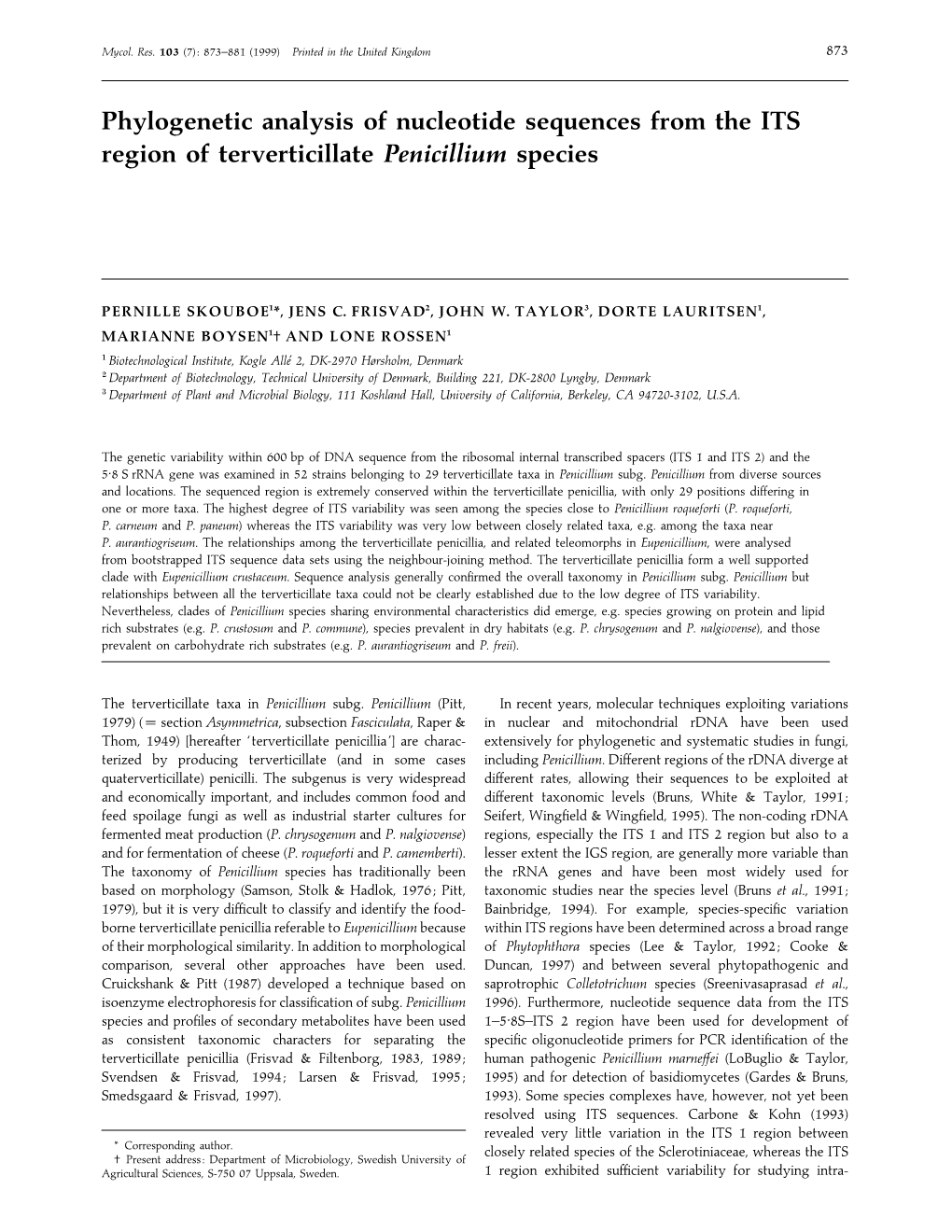 Phylogenetic Analysis of Nucleotide Sequences from the ITS Region of Terverticillate Penicillium Species