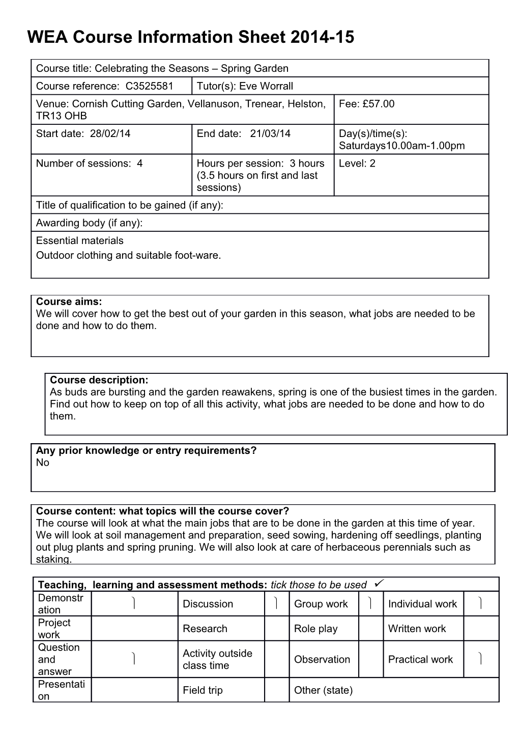 WEA Course Information Sheet 2014-15 s1