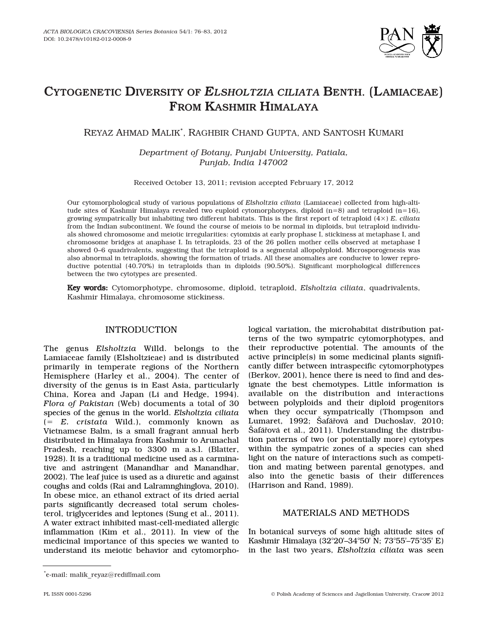 Cytogenetic Diversity of Elsholtzia Ciliata Benth