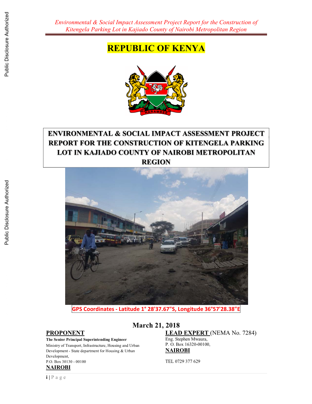 REPUBLIC of KENYA ! Public Disclosure Authorized