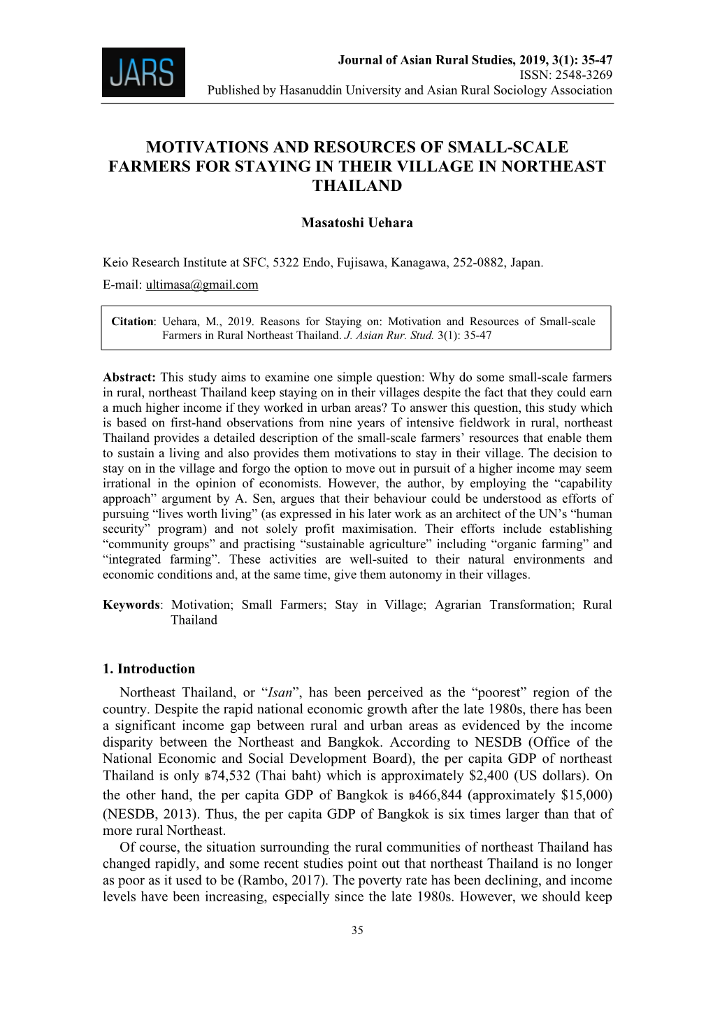 Motivations and Resources of Small-Scale Farmers for Staying in Their Village in Northeast Thailand