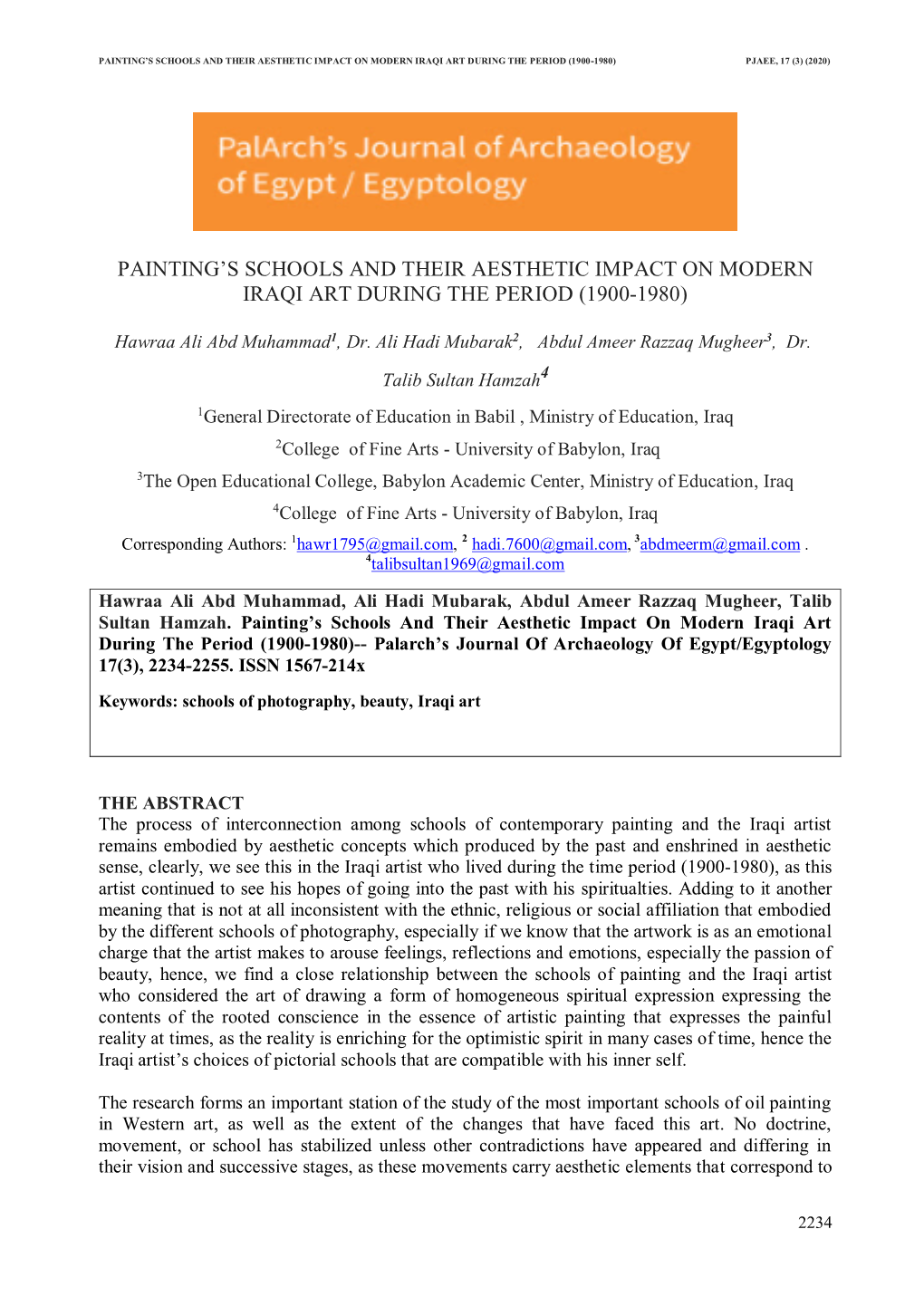 Painting's Schools and Their Aesthetic Impact on Modern Iraqi Art During the Period (1900-1980)