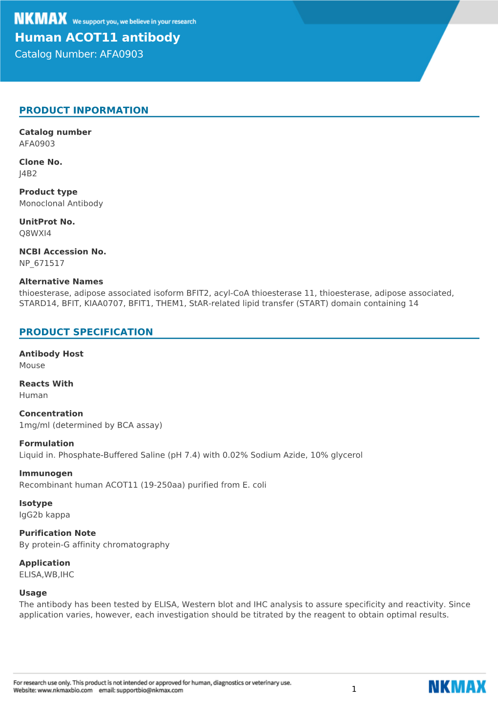 Human ACOT11 Antibody Catalog Number: AFA0903