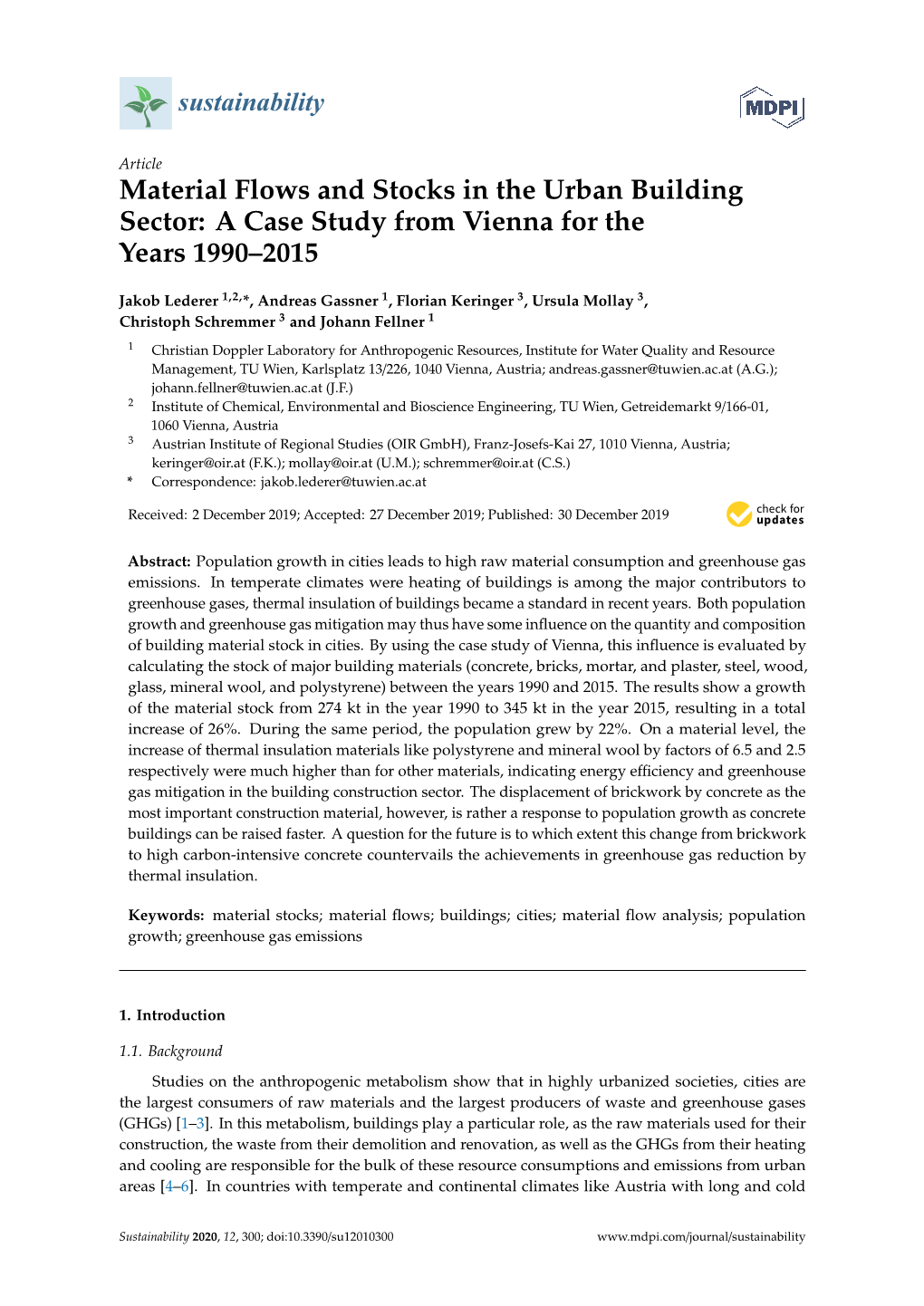 Material Flows and Stocks in the Urban Building Sector: a Case Study from Vienna for the Years 1990–2015