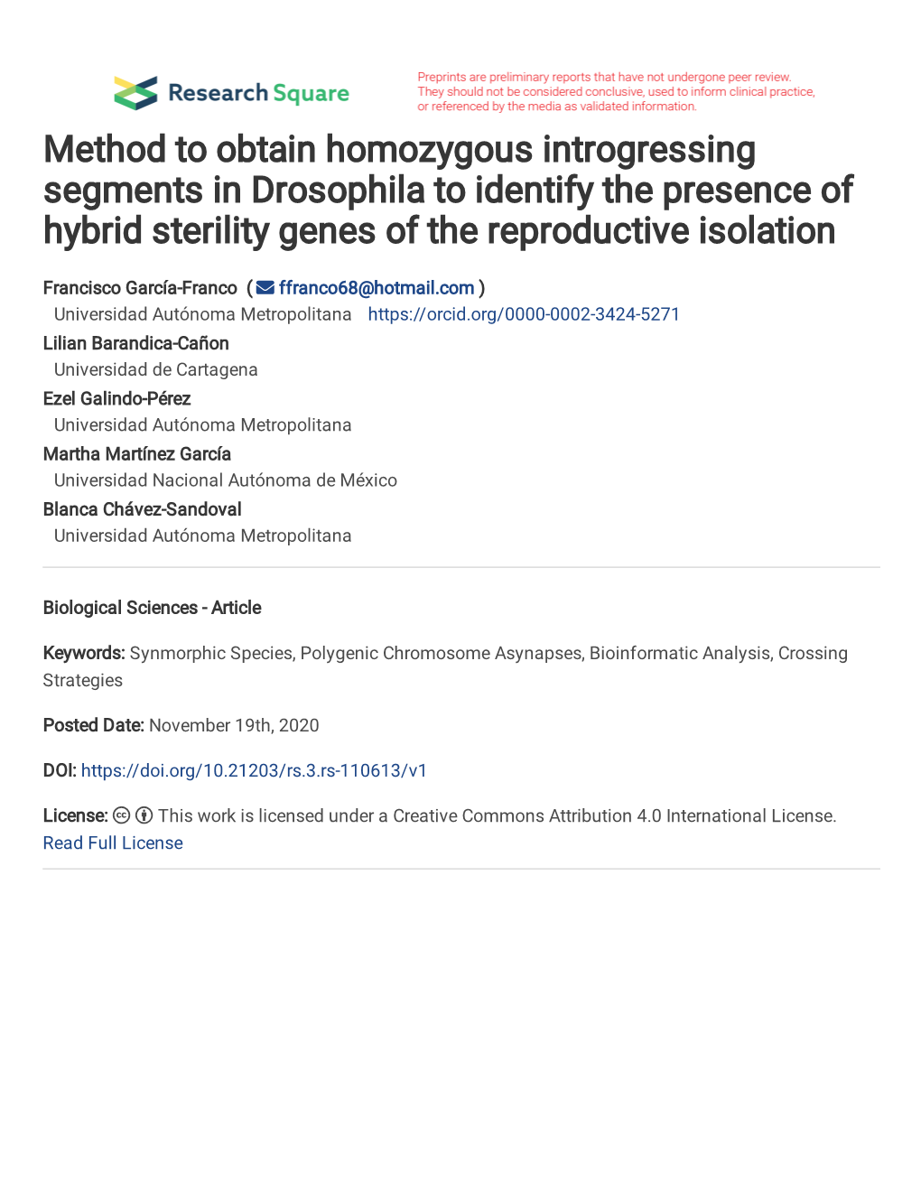 1 Method to Obtain Homozygous Introgressing Segments in Drosophila to 2 Identify the Presence of Hybrid Sterility Genes of the Reproductive Isolation